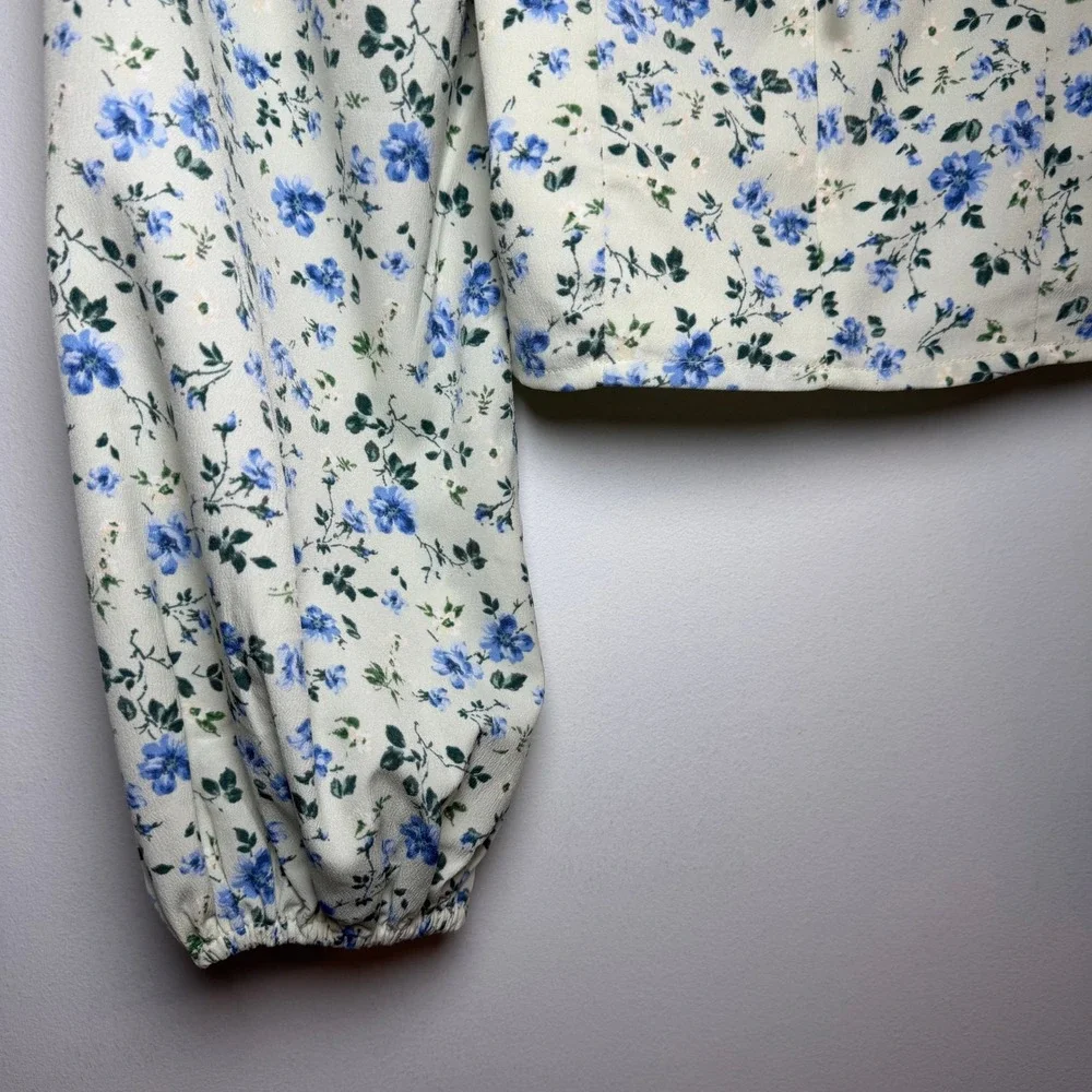 Abercrombie  Puff Sleeve Top Sz XXS Green Floral Tie Boho Cottagecore Sweetheart